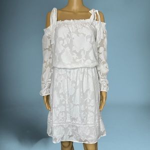 Kaari Blue Blouson Dress White Plus Sz 2X Lace Lined Off Shoulder Elastic Waist